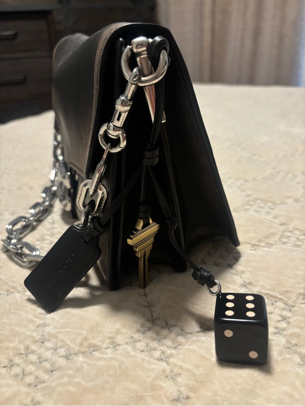 Coach Metallic Black Leather Shoulder Bag with Silver Chain - Picture 3 of 6